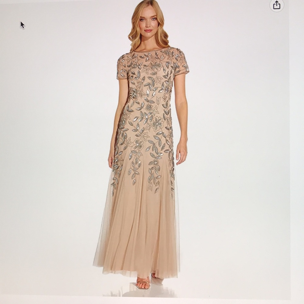 Adrianna  Papell Women’s Floral Beaded Godec Gown Dress, Taupe/Pink, size 12